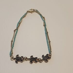 Sea Turtle Chain Bracelet 7 3/4" Wrist Size Gold Tone & Blue